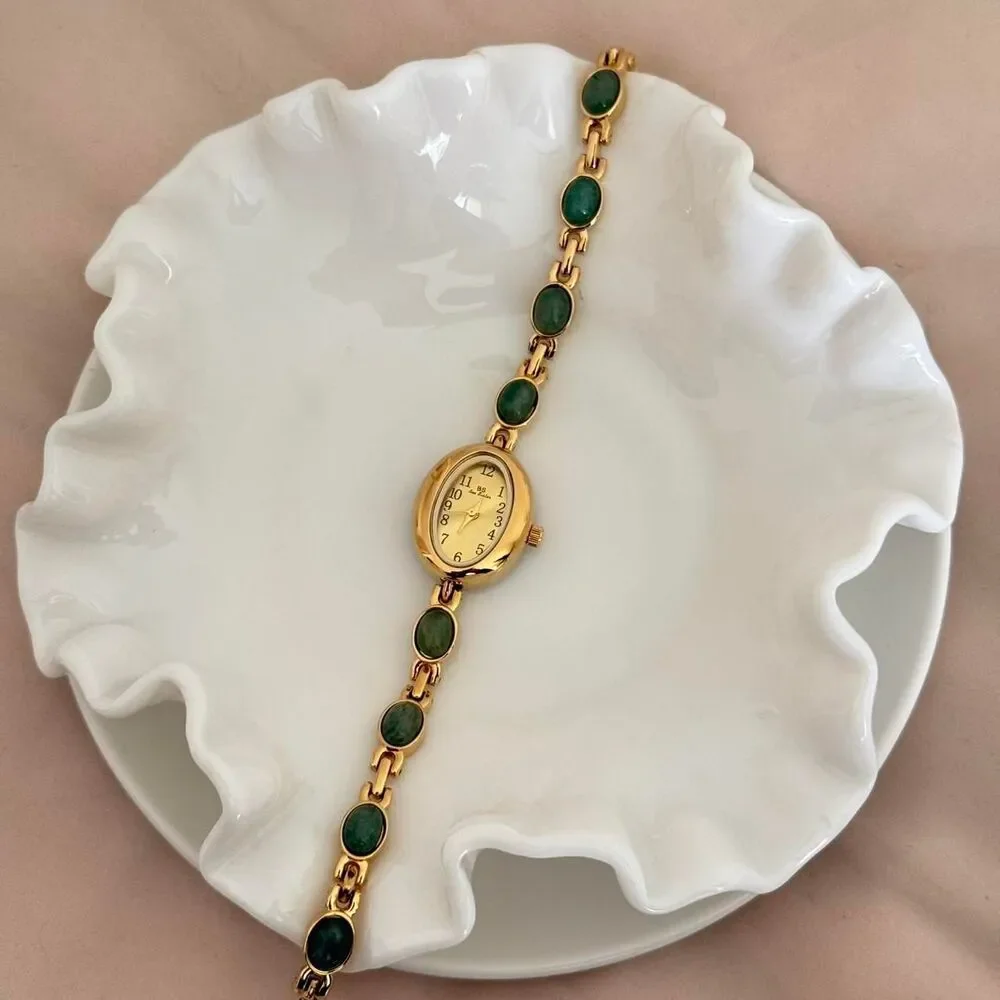 Dainty Gold and Green Stone Y2k stainless steel quartz charm watch